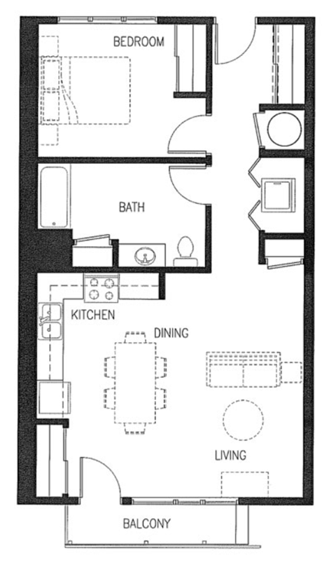 Floor plan for 1 bed, 1 bath, 773 sqft